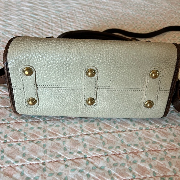 Vintage 80s Dooney & Bourke All Weather Leather Boston Satchel Bag, Cream & Brwn - Picture 2 of 16